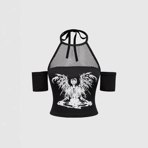 Damen Trendiges Crop-Top mit Netzdetails und originellem Grafiklitz Drune