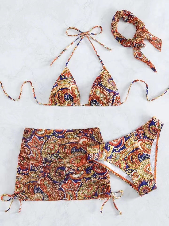 Damen Triangel-Bikini-Set mit elegantem Wickelrock und passendem Haarband Drune