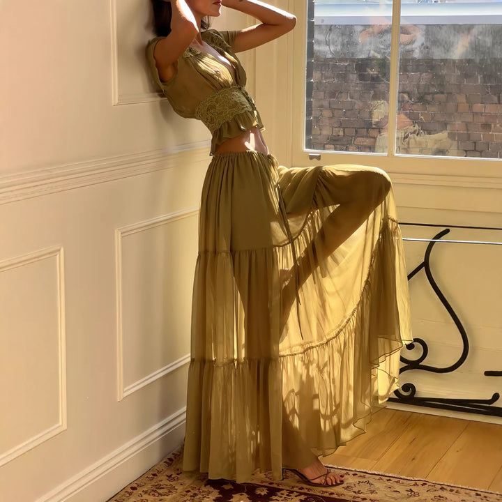 Damen Luftiges Maxikleid mit eleganten Rüschen und transparenter Optik Drune