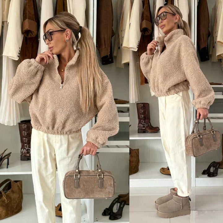 Damen lässiger Fleece-Pullover mit Stehkragen Drune