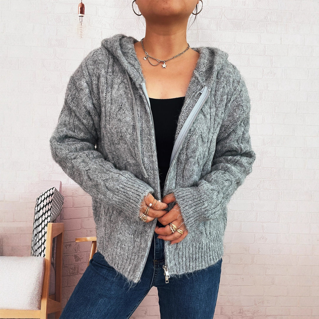 Damen gestreifter Grobstrick-Zip-Hoodie mit Kapuze und weichem Material Drune