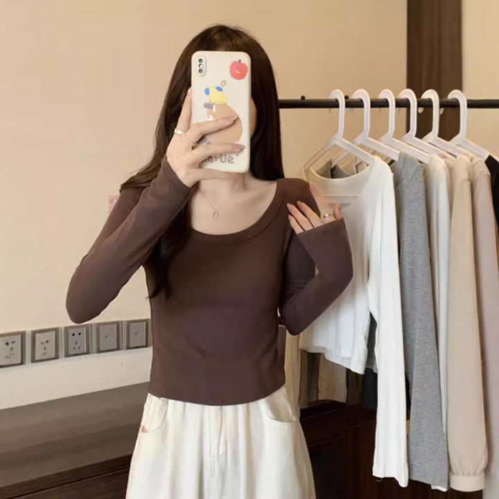 Damen figurbetontes Langarmshirt mit weitem Ausschnitt Drune