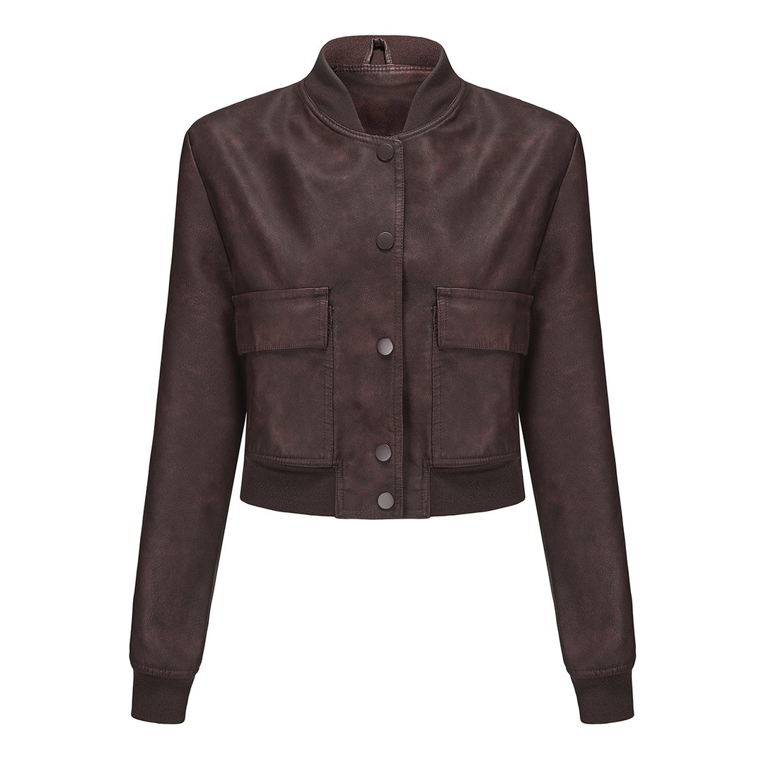 Damen nan kurze Crop-Kunstlederjacke im Blousonstil mit Druckknopffront und aufgesetzten Pattentaschen Drune