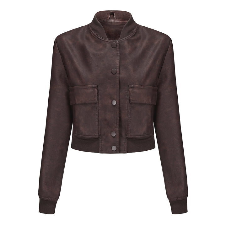 Damen nan kurze Crop-Kunstlederjacke im Blousonstil mit Druckknopffront und aufgesetzten Pattentaschen Drune