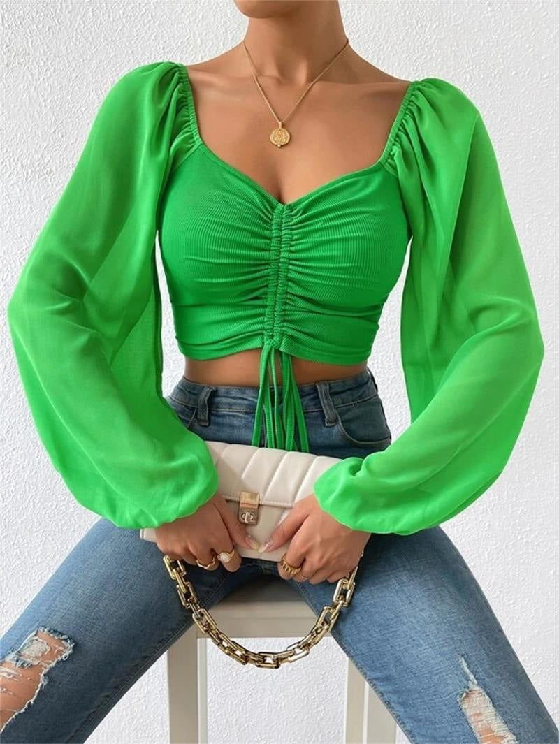 Damen Crop-Top mit strukturiertem Körper und eleganten Puffärmeln Drune