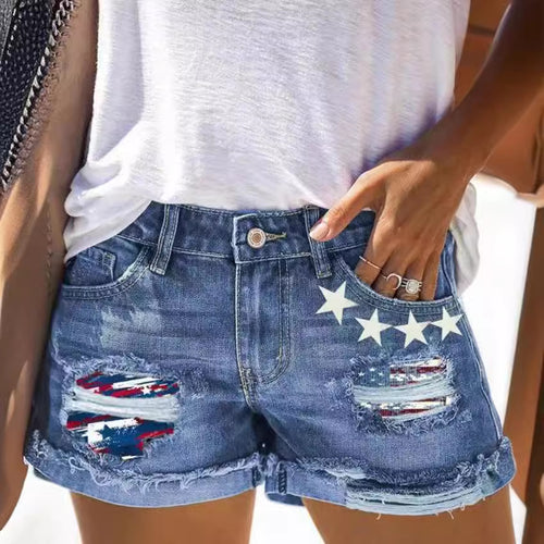 Damen Modische Destroyed Denim-Shorts mit kreativen Aufnähern Drune