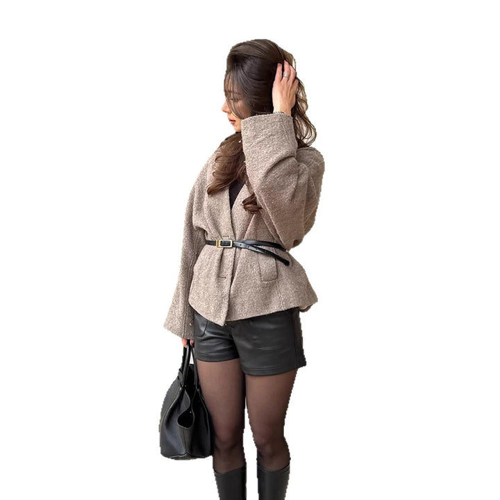 Damen Oversized Wolljacke mit Gürtel und weiten Ärmeln Drune