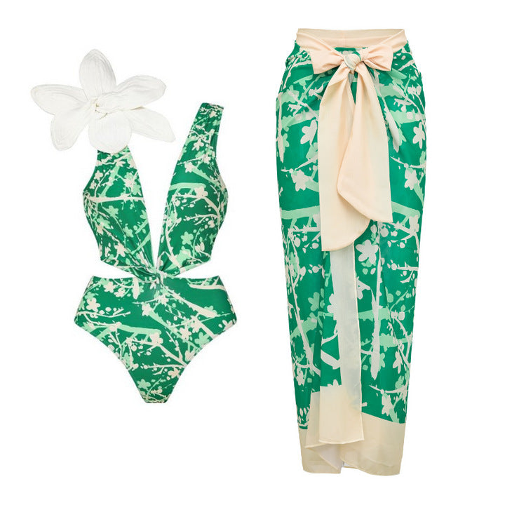 Damen Bikiniset mit besonderem Blumendekor und langem Wickelrock Drune