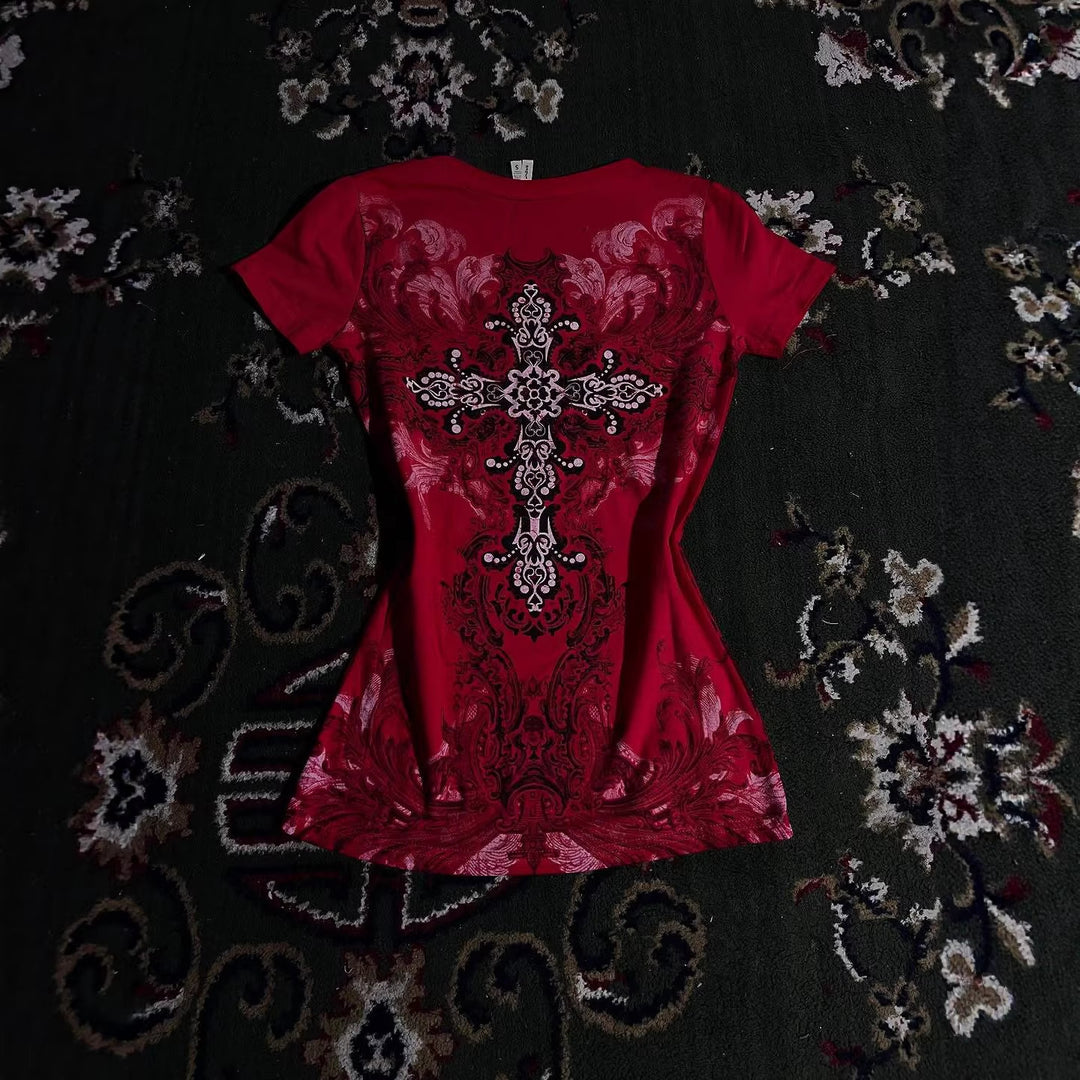 Damen T-Shirt mit dekorativem Kreuzdesign und floralen Akzenten Drune