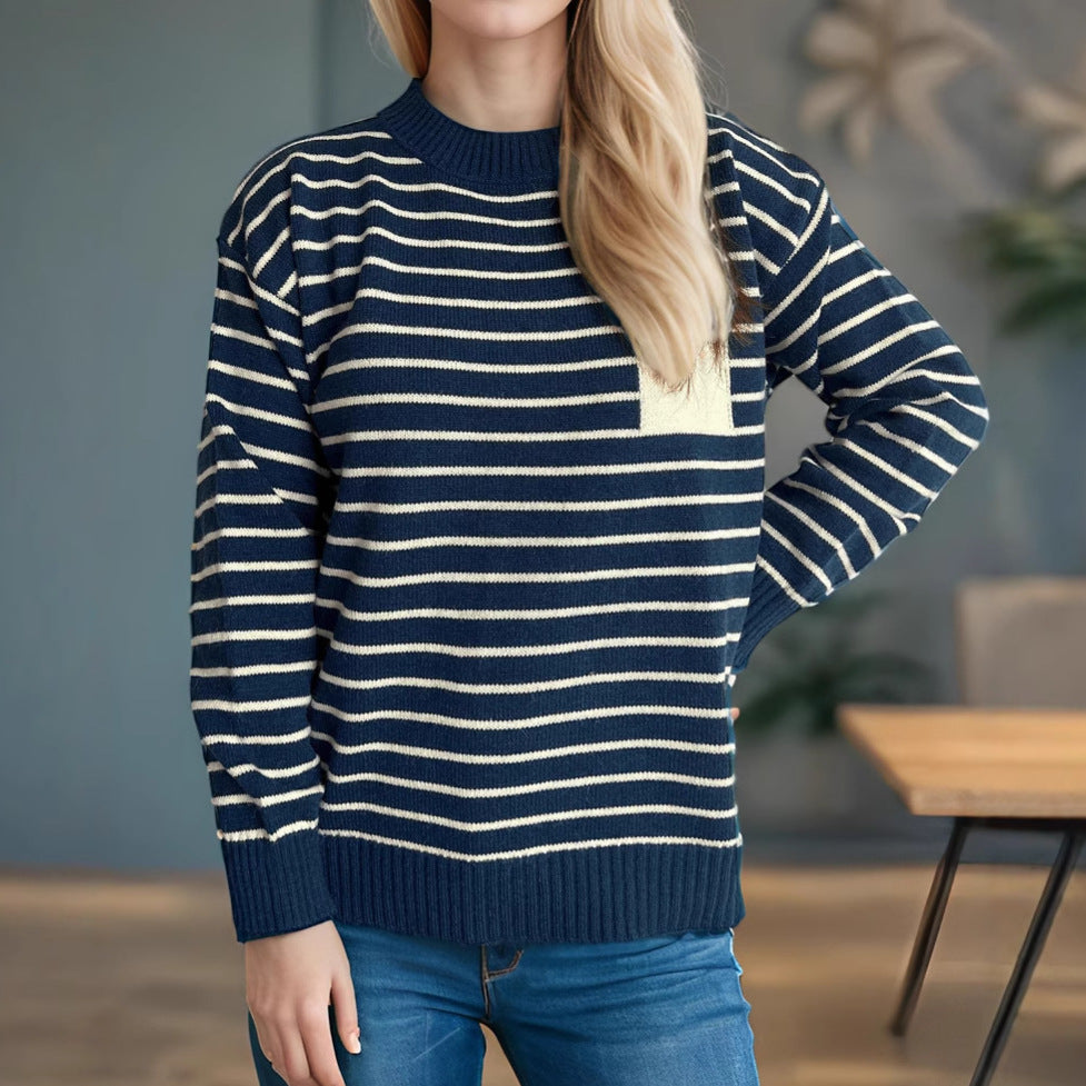 Damen gestreifter Pullover mit lässiger Passform und breiten Ärmeln Drune