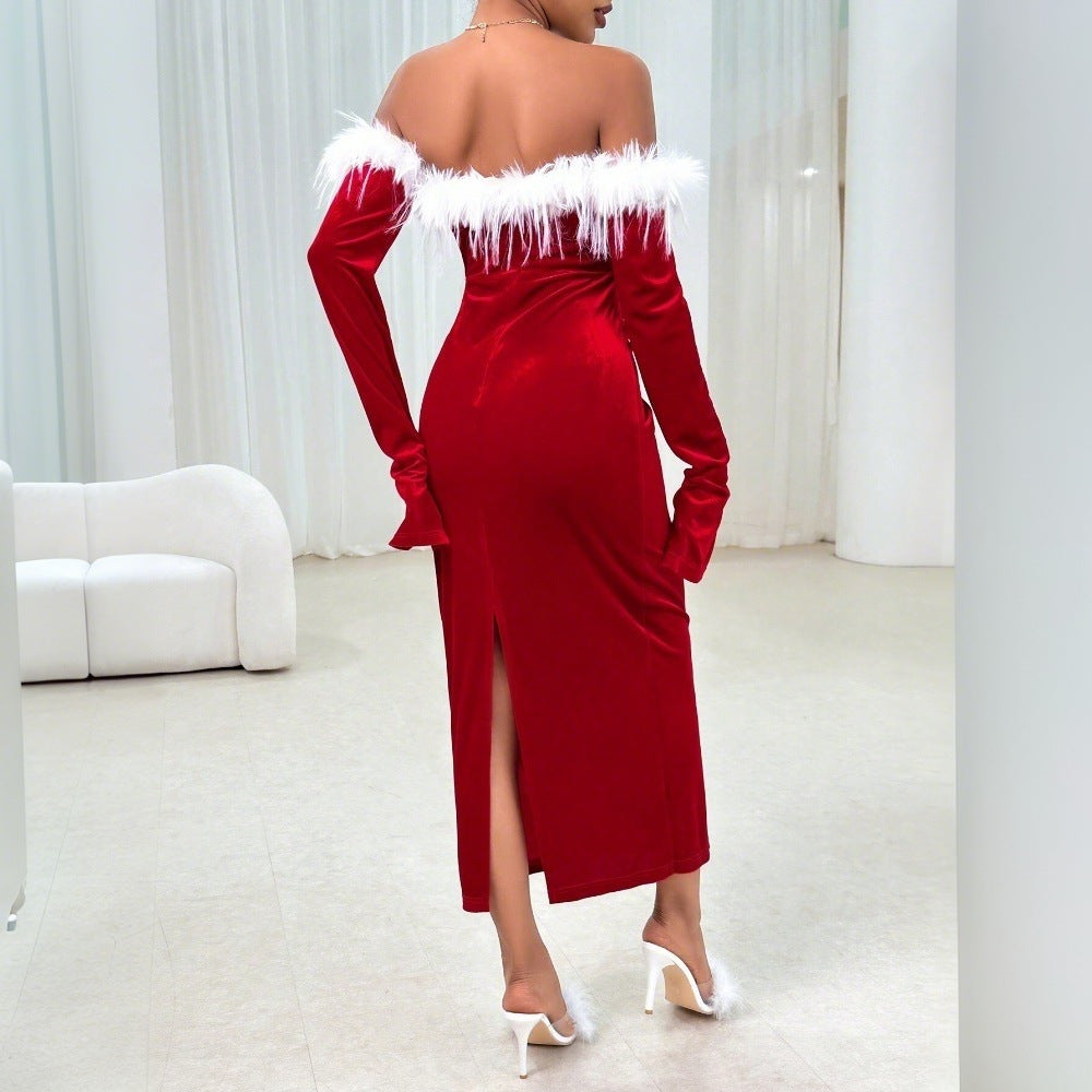 Damen Langarm Midi-Kleid mit schickem U-Boot-Ausschnitt und eleganten Rüschen Drune