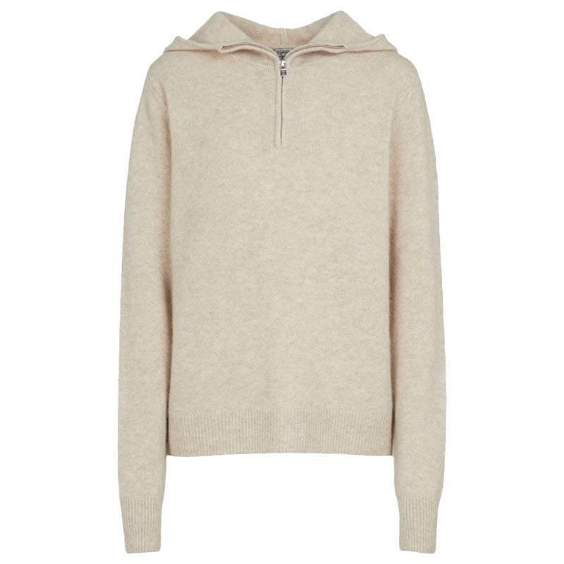Damen eleganter Strickpullover mit Kapuze und halbem Reißverschluss Drune