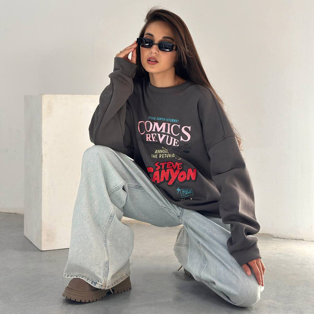 Damen Oversized Sweatshirt mit auffälligem Grafikdruck Drune