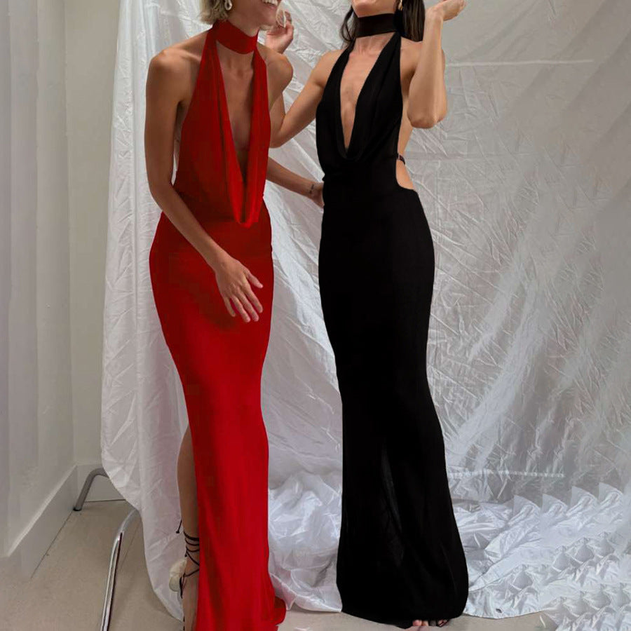 Damen Elegantes Abendkleid mit schimmerndem tiefem V-Ausschnitt und figurschmeichelnder Silhouette Drune