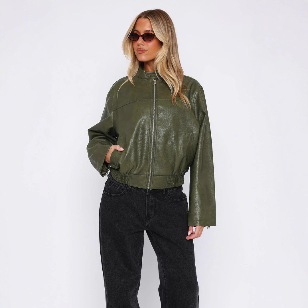 Damen Kunstleder Jacke mit elastischem Bund und hohem Stehkragen Drune