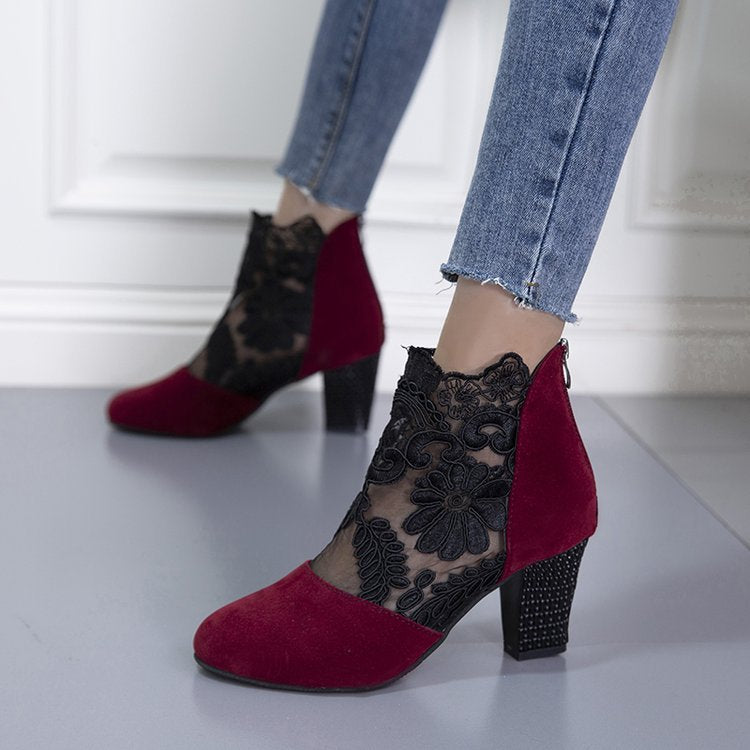 Damen Elegante Schnürstiefeletten mit Floralem Spitzen-Design und Blockiertem Absatz Drune