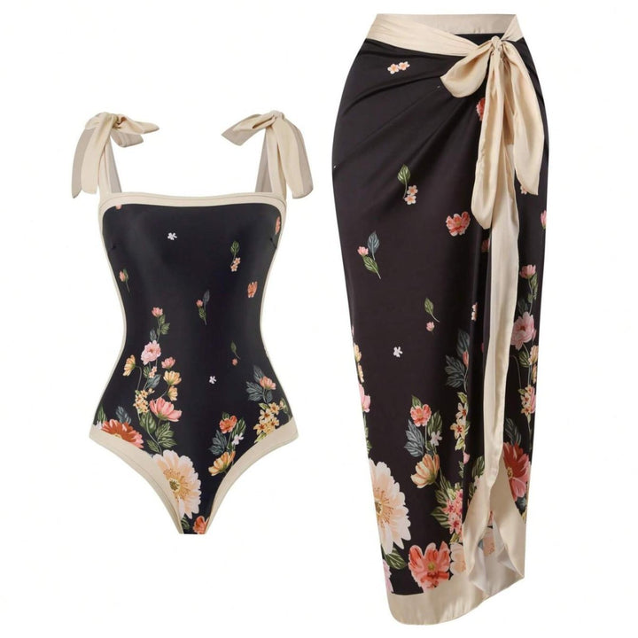 Damen Eleganter Badesuit mit floralen Akzenten und modischem Wickelrock Drune