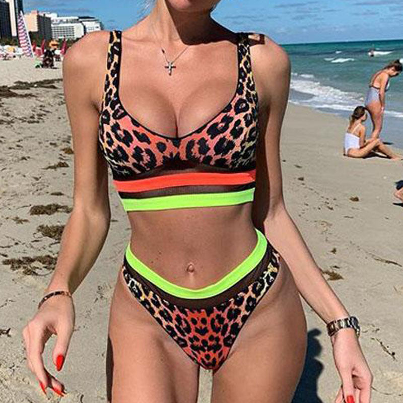 Damen Sportliches Bikini-Set mit hohem Bund und modischem Muster Drune