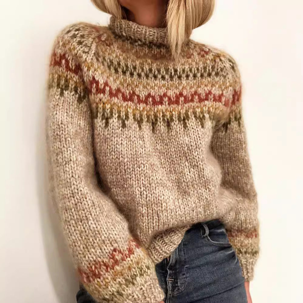 Damen Gemusterter Strickpullover mit hochgeschlossenem Kragen Drune