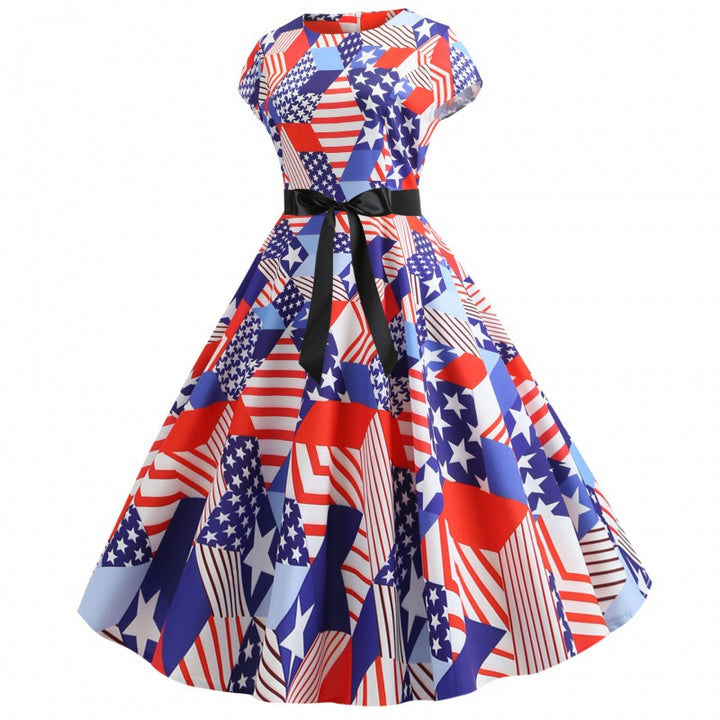 Damen Midikleid mit buntem Flaggenmuster und eleganter Taillenbindung Drune