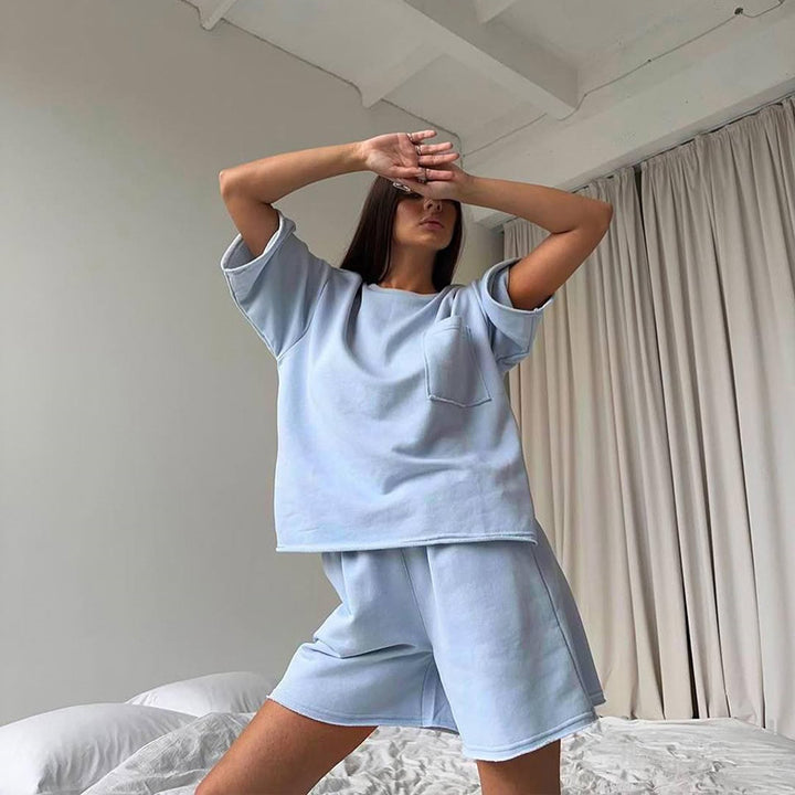Damen lässiges Lounge-Set aus atmungsaktivem Material mit oversized T-Shirt und Shorts Drune