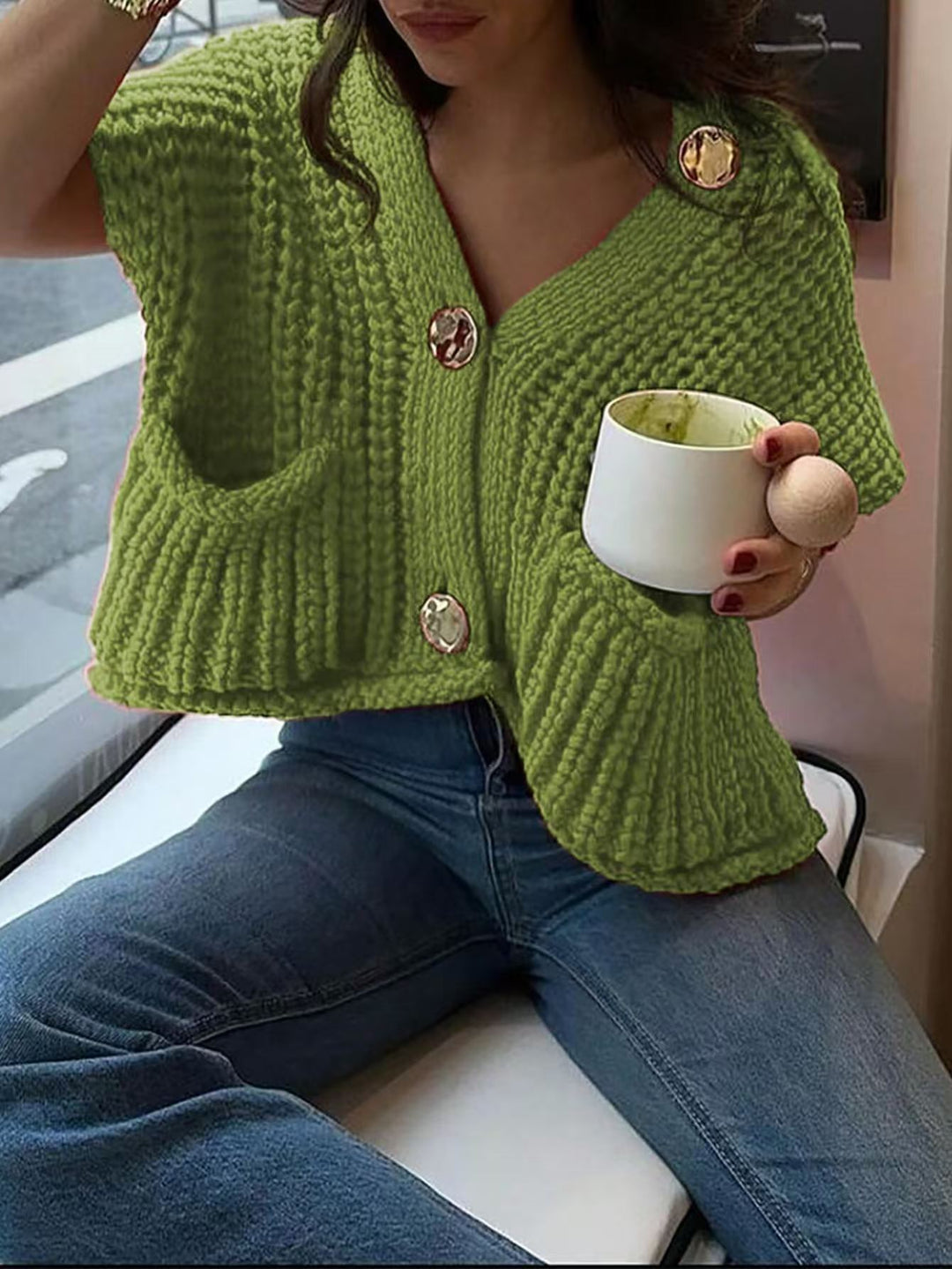Damen Strickweste mit Knöpfen und Taschen Drune