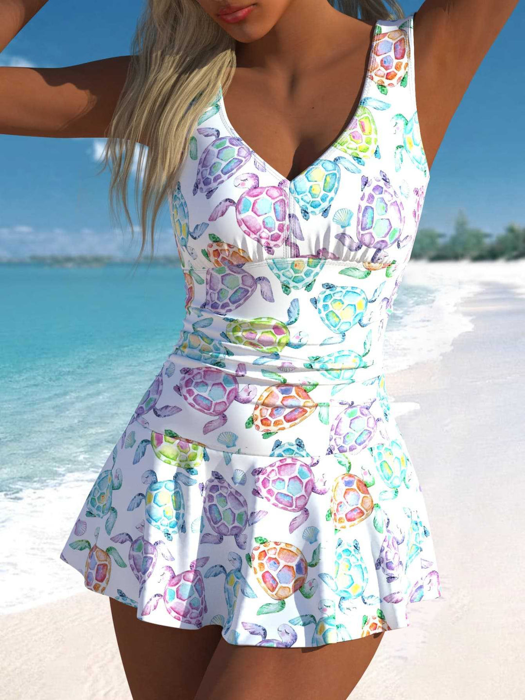 Damen Schwimmdress mit fröhlichem Schildkrötenmotiv und elegantem Rocksaum Drune