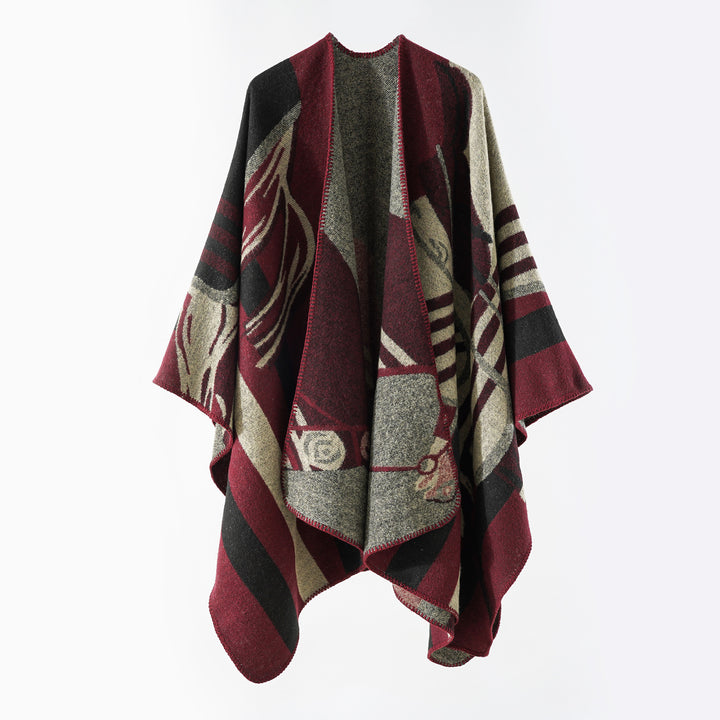 Damen eleganter Strickponcho mit kunstvollem Muster und feinen Fransen Drune