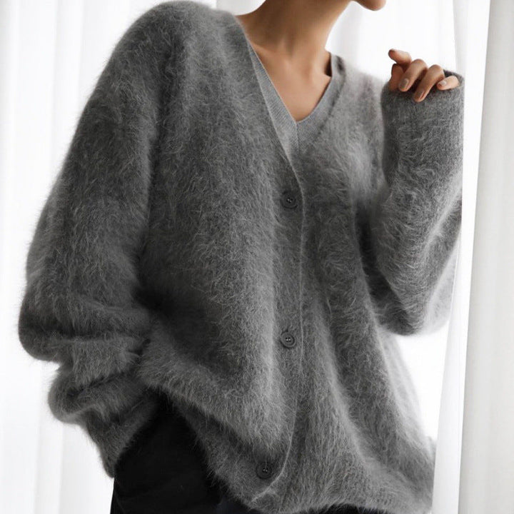 Damen flauschiger Cardigan mit V-Ausschnitt und übergroßem Schnitt Drune