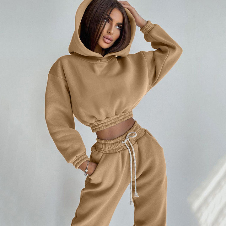 Damen Lässiges Sweat-Loungewear-Set mit cropped Kapuzenpullover und bequemen Hosen Drune