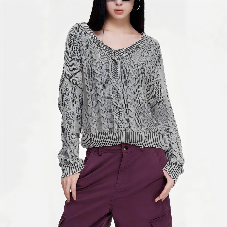 Damen Strickpullover mit Zopfmuster und V-Ausschnitt Drune