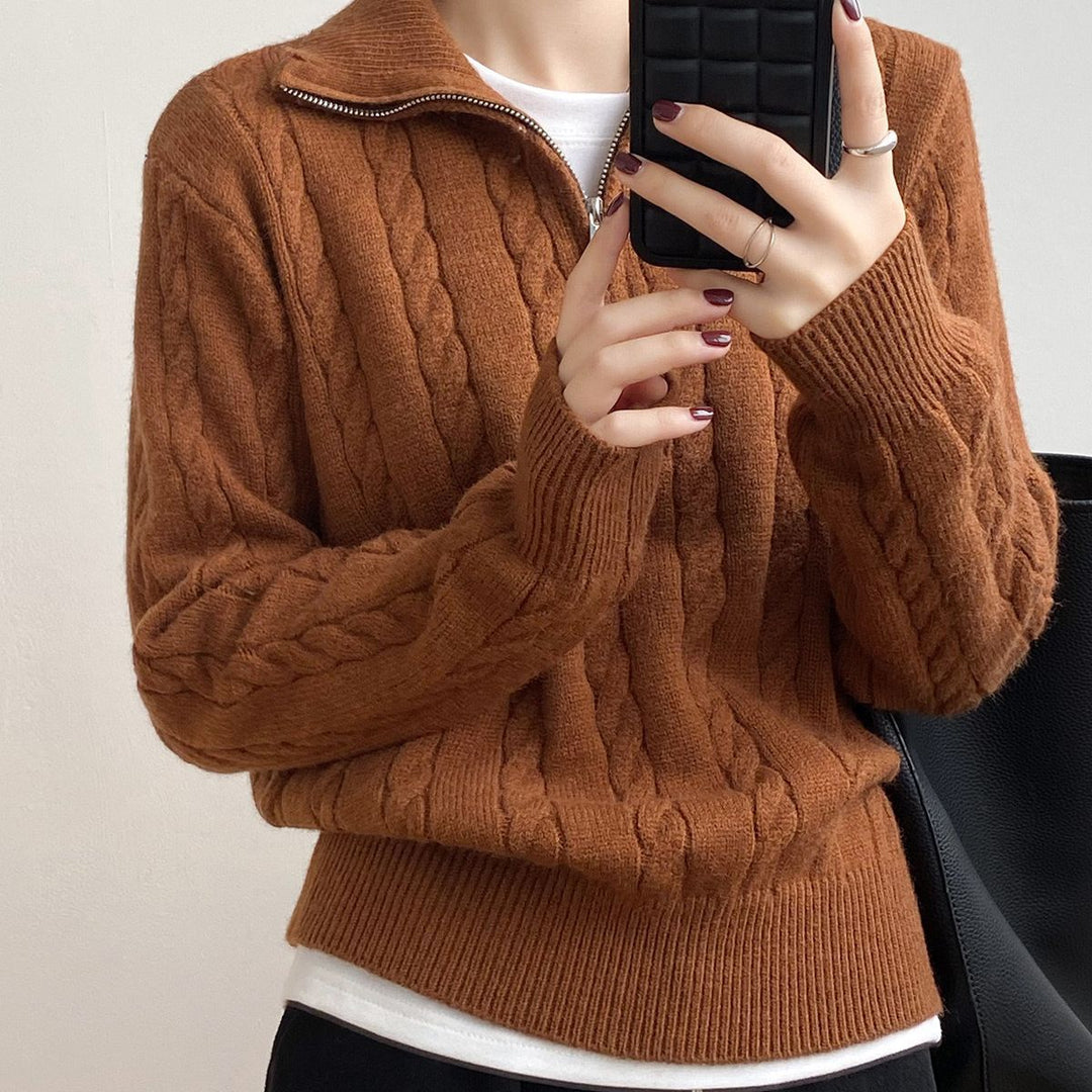 Damen Strickpullover mit Zopfdesign und modernem Stehkragen Drune