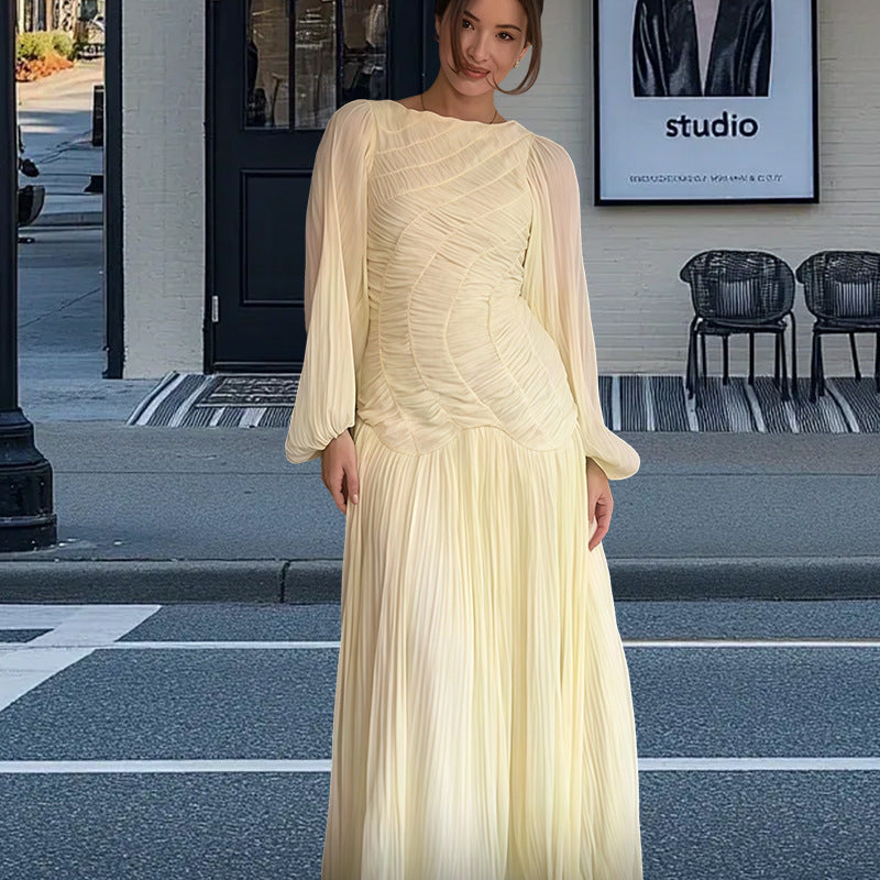 Damen Elegantes Plissiertes Maxikleid mit Raffungen und langen Ärmeln Drune