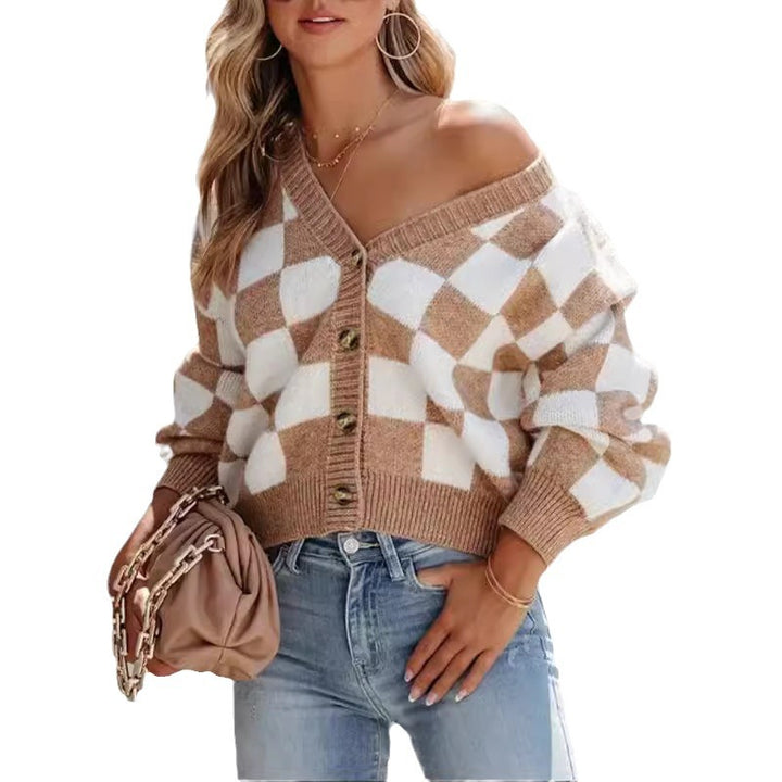 Damen Grob gestrickte Karomuster Cardigan mit tiefem V-Ausschnitt Drune