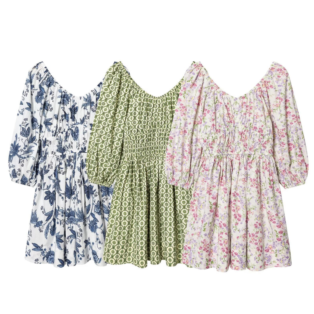 Damen Sommerkleid mit voluminösen Puffärmeln und elastischer Taillierung Drune