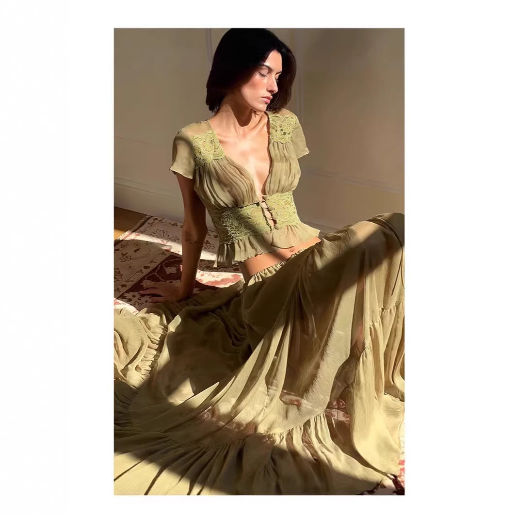 Damen Luftiges Maxikleid mit eleganten Rüschen und transparenter Optik Drune