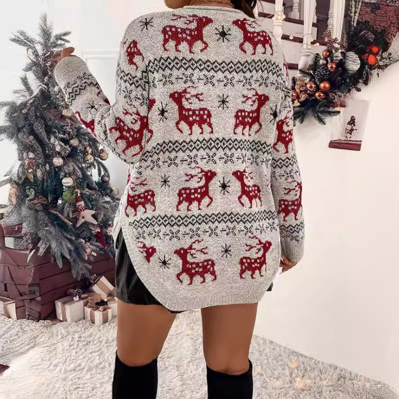 Damen Festlicher Strickpullover mit detailverliebtem Rentier-Motiv und hohem Kragen Drune