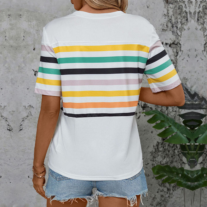 Damen Kurzarm T-Shirt mit buntem Streifenmuster und Brusttasche Drune