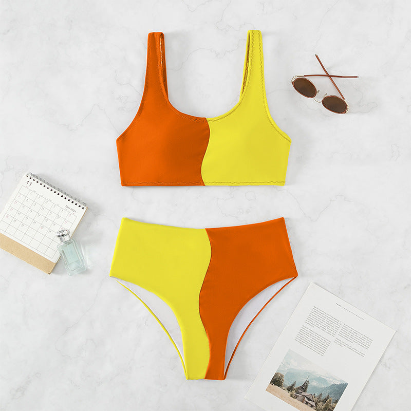 Damen Hochgeschnittenes Bikini-Set mit kontrastierenden Farbblöcken Drune