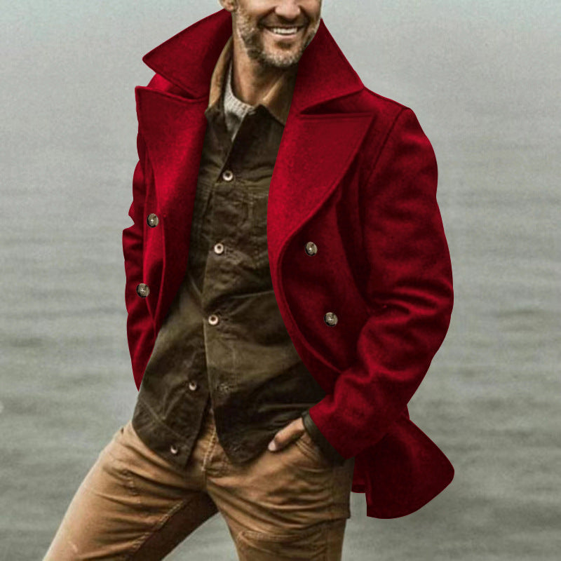 Herren eleganter, klassischer Wollmantel mit doppelter Knopfleiste und hohem Kragen Drune