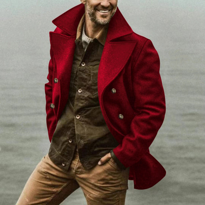 Herren eleganter, klassischer Wollmantel mit doppelter Knopfleiste und hohem Kragen Drune