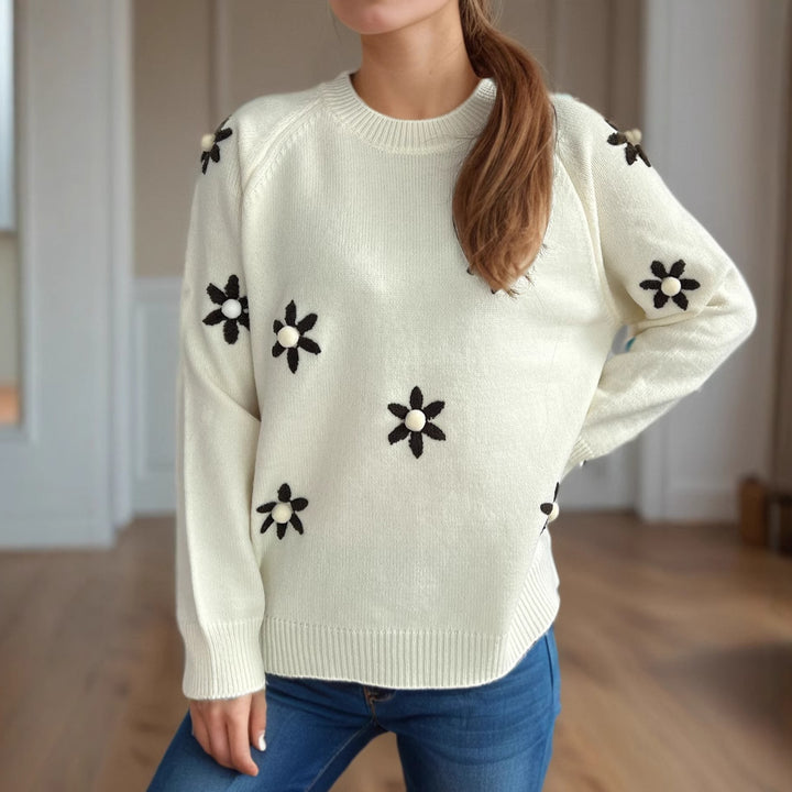 Damen Strickpullover mit floralen Applikationen und lässigem Schnitt Drune