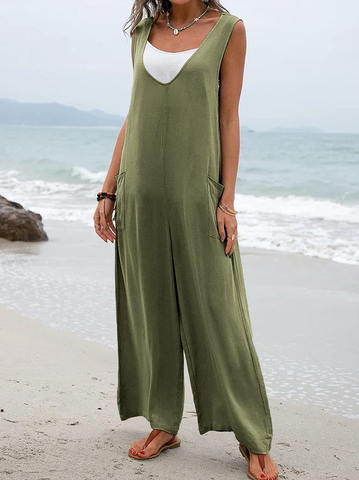 Damen Lässiger weite Jumpsuit mit V-Ausschnitt und praktischen Taschen Drune