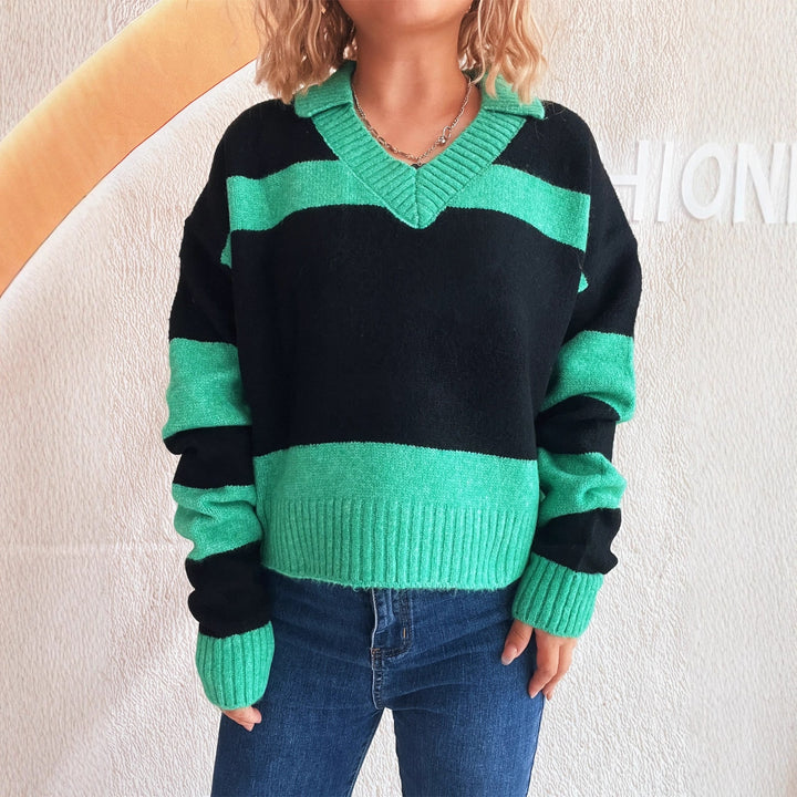 Damen Strickpullover mit modischen Streifen und V-Ausschnitt Drune