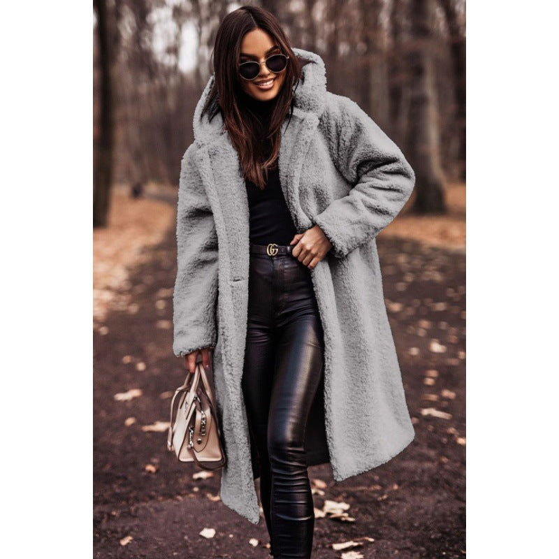 Damen kuscheliger Fleece-Mantel mit Kapuze und praktischen Taschen Drune