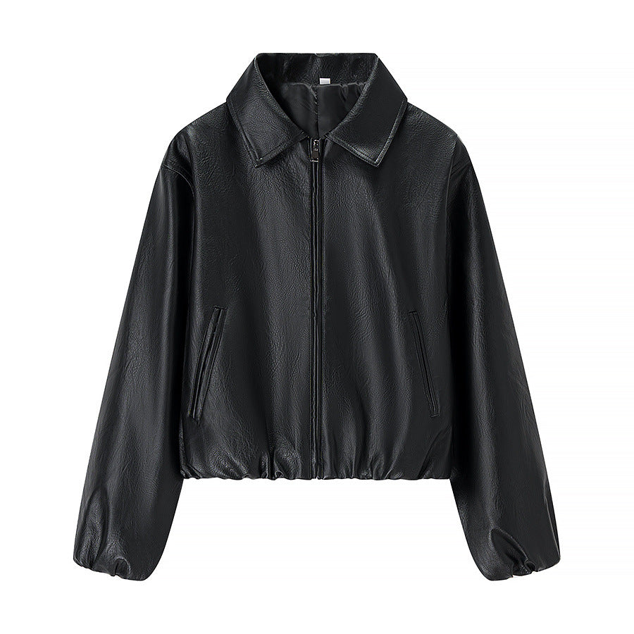 Damen nan kurze Glanz-Kunstlederjacke mit Hemdkragen, verdecktem Reißverschluss und elastischem Bund Drune