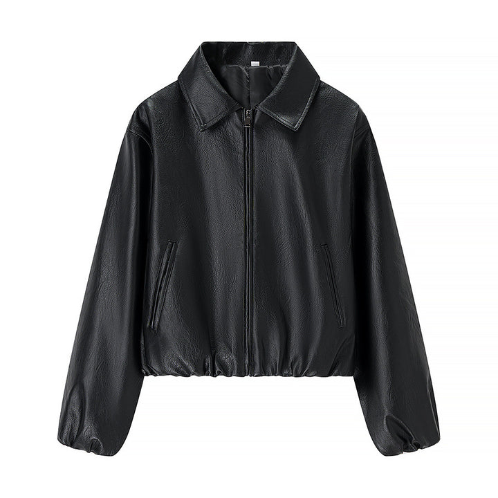 Damen nan kurze Glanz-Kunstlederjacke mit Hemdkragen, verdecktem Reißverschluss und elastischem Bund Drune