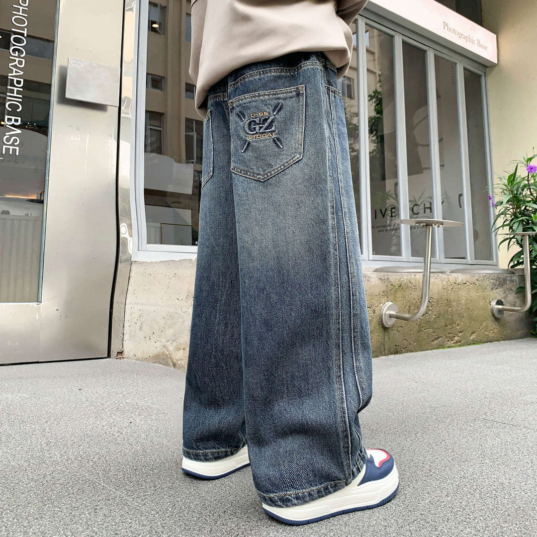 Damen weite Denim-Hose mit tiefem Bund Drune