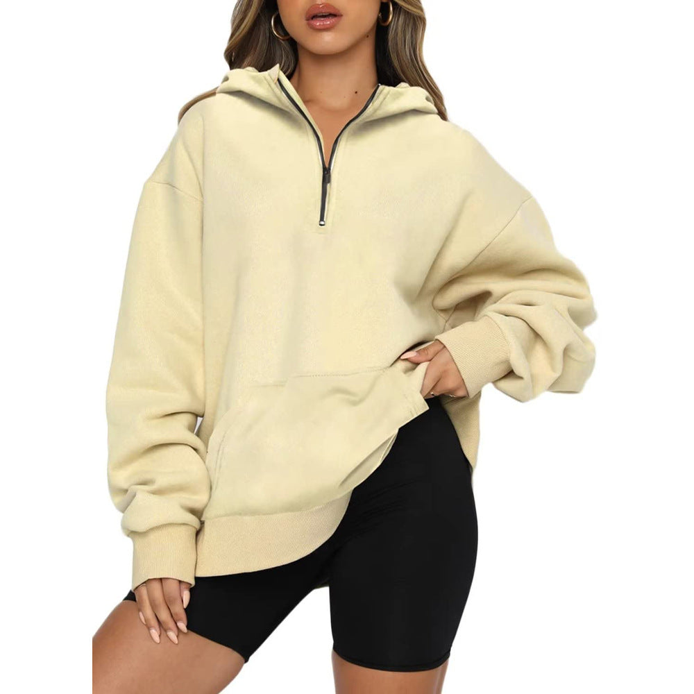 Damen Oversize Kapuzenpullover mit halbem Reißverschluss Drune