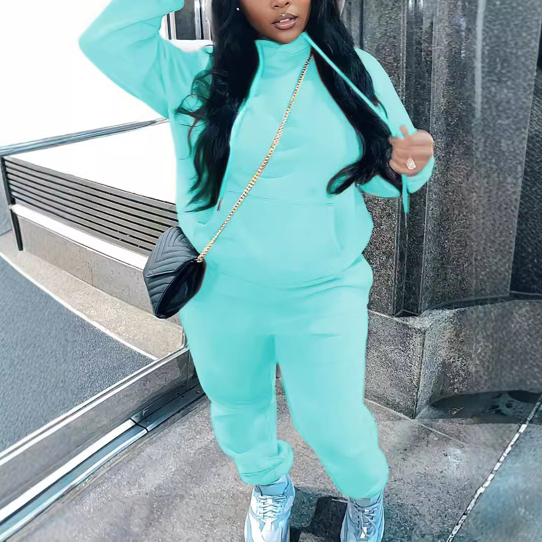 Damen nan kuscheliges Hoodie‑und Jogginghose Set mit hohem Kragen, Kängurutasche und tailliertem Bund Drune